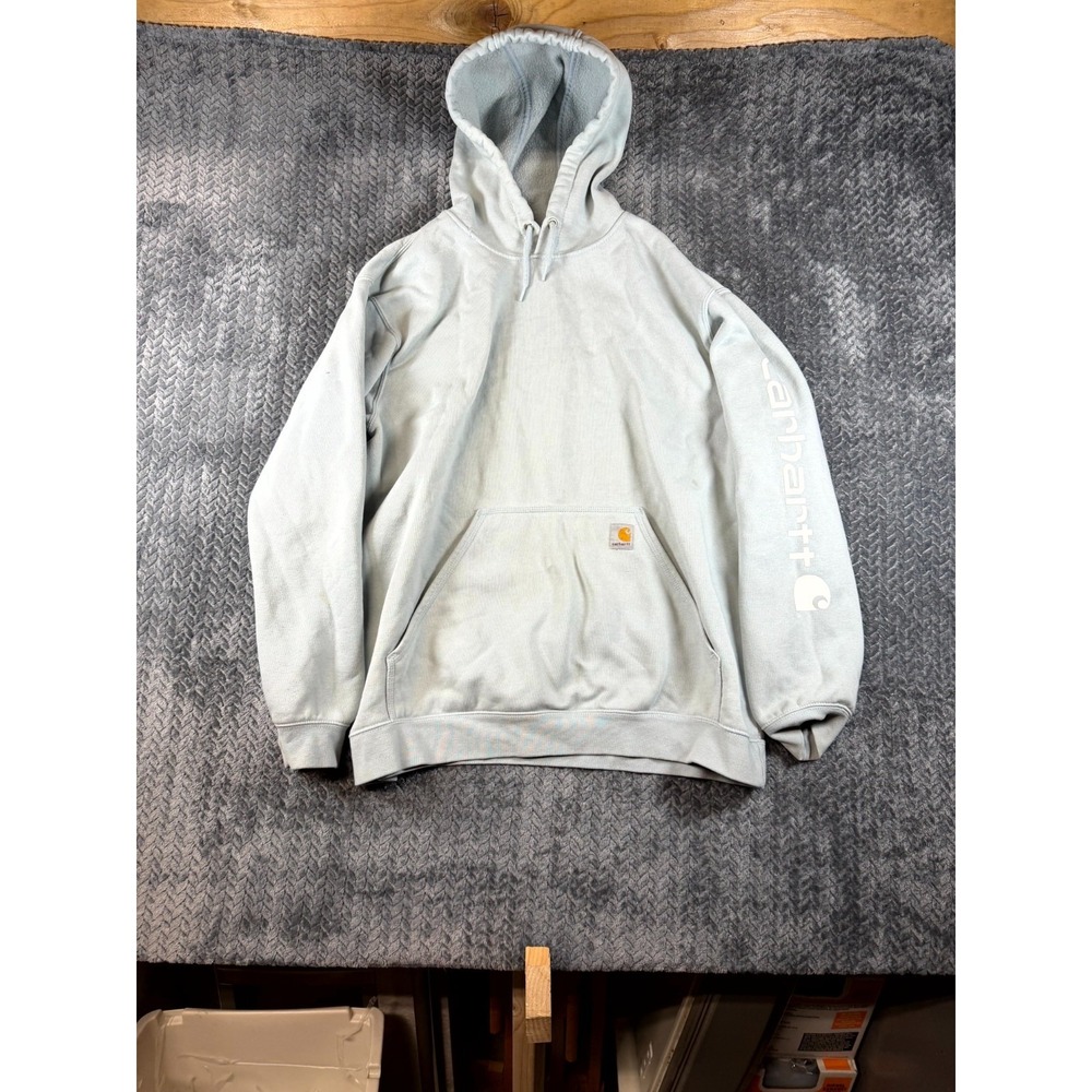 Carhartt Signature Sleeve Logo Hoodie Mens XL Blue Fleece Lined Cotton Loose Fit
